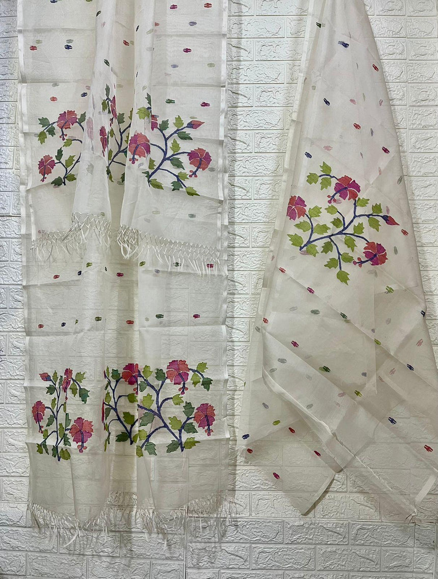 Offwhite with multi colour hibiscus motifs handwoven muslin silk jamdani kurti & dupatta set - Tamal Boutique