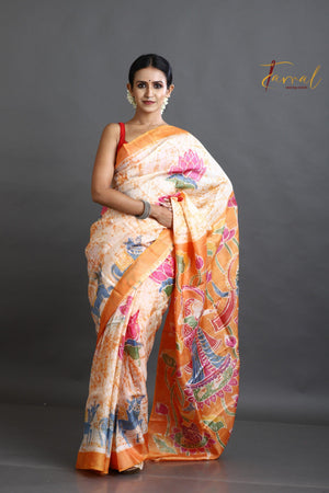 Offwhite with orange lotus motifs hand batik tussar silk saree - Tamal Boutique