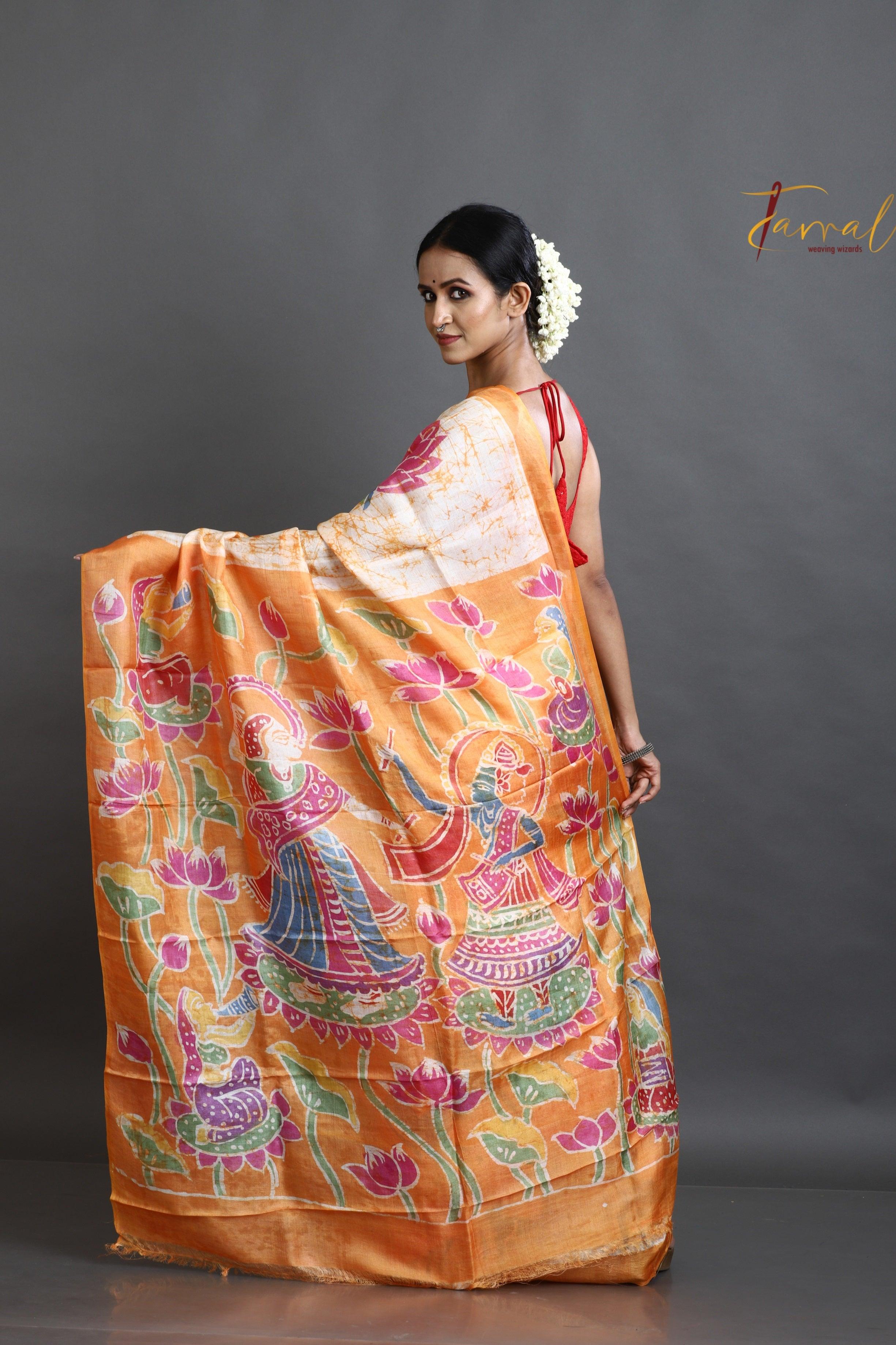 sari様 Offwhite & orange lotus motifs hand batik tussar silk saree