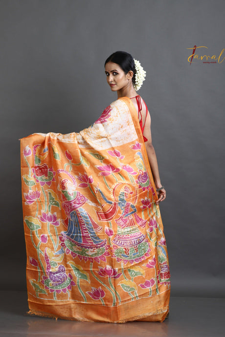 Offwhite with orange lotus motifs hand batik tussar silk saree - Tamal Boutique