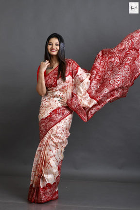 Offwhite red alpona motifs handcrafted pure batik silk saree