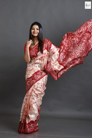 Offwhite red alpona motifs handcrafted pure batik silk saree