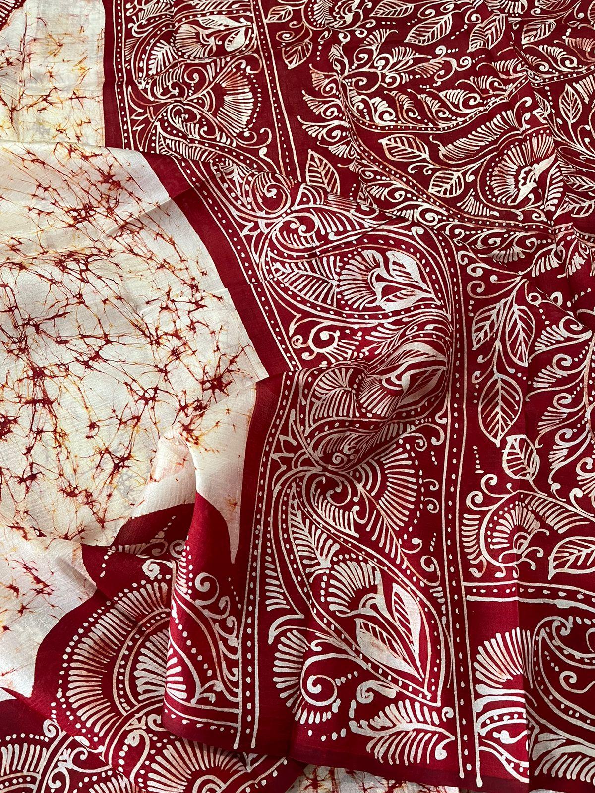 Offwhite red alpona motifs handcrafted pure batik silk saree
