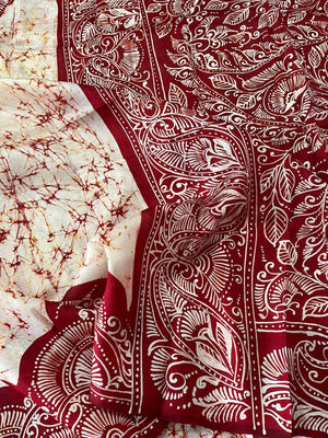 Offwhite red alpona motifs handcrafted pure batik silk saree