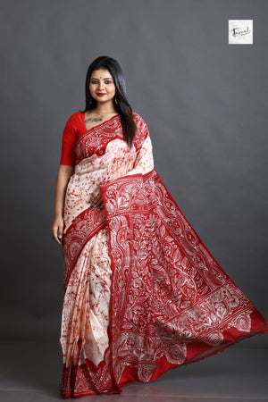 Offwhite red alpona motifs handcrafted pure batik silk saree