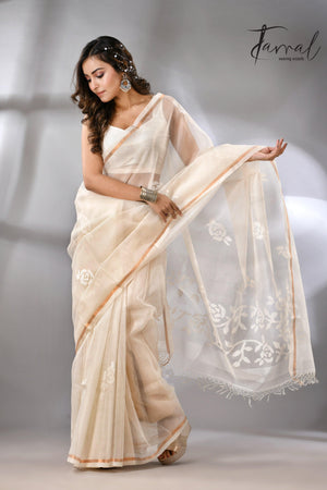Offwhite self rose motifs handwoven jamdani saree in muslin silk - Tamal Boutique