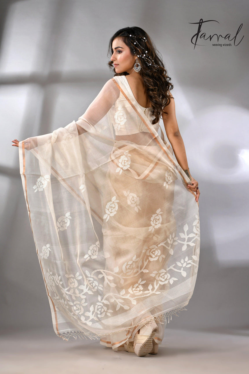 Offwhite self rose motifs handwoven jamdani saree in muslin silk - Tamal Boutique
