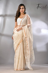 Offwhite self rose motifs handwoven jamdani saree in muslin silk - Tamal Boutique