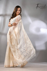 Offwhite self rose motifs handwoven jamdani saree in muslin silk - Tamal Boutique