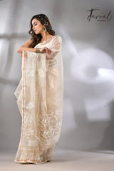 Offwhite self rose motifs handwoven jamdani saree in muslin silk - Tamal Boutique