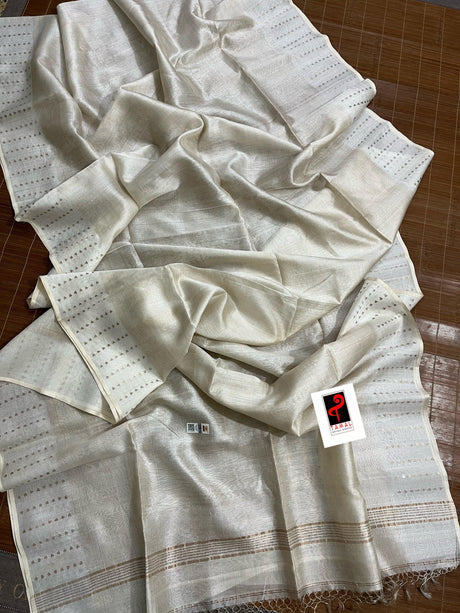 Offwhite sequins border noil tusser zari silk handloom saree - Tamal Boutique