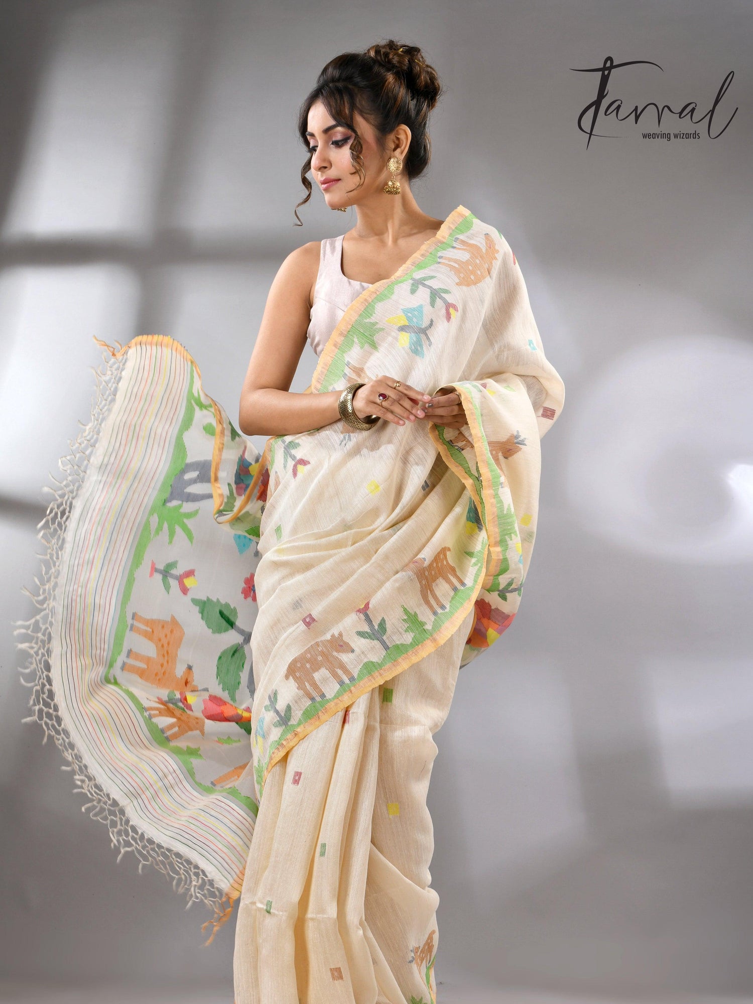 Offwhite story of our jungle book handwoven jamdani in pure matka silk - Tamal Boutique