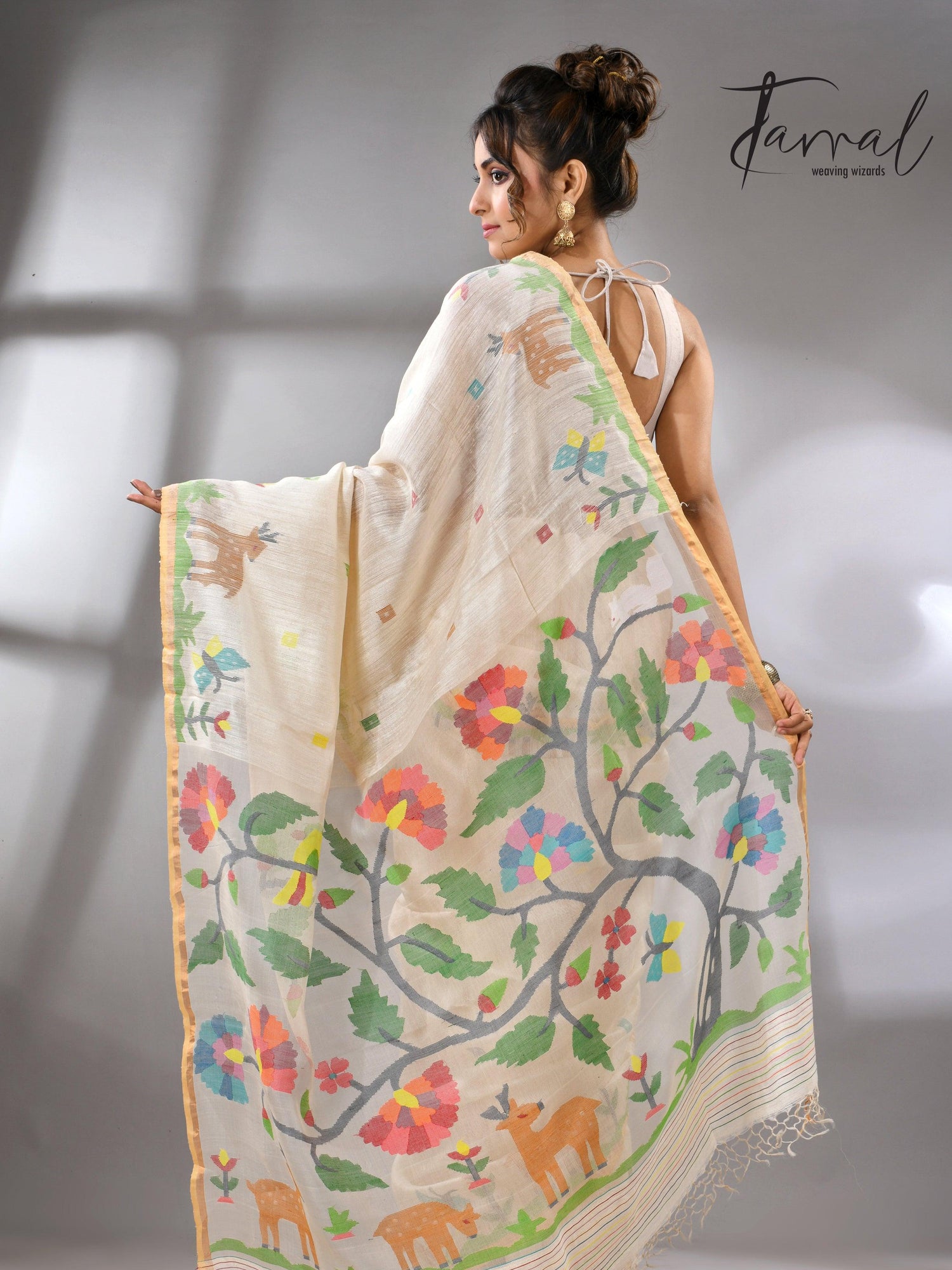 Offwhite story of our jungle book handwoven jamdani in pure matka silk - Tamal Boutique