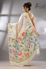 Offwhite story of our jungle book handwoven jamdani in pure matka silk - Tamal Boutique