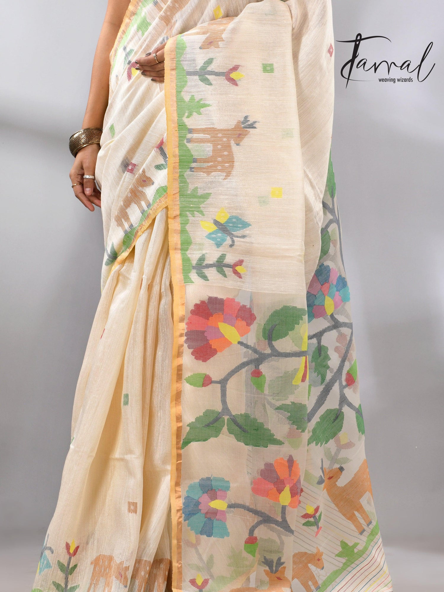 Offwhite story of our jungle book handwoven jamdani in pure matka silk - Tamal Boutique