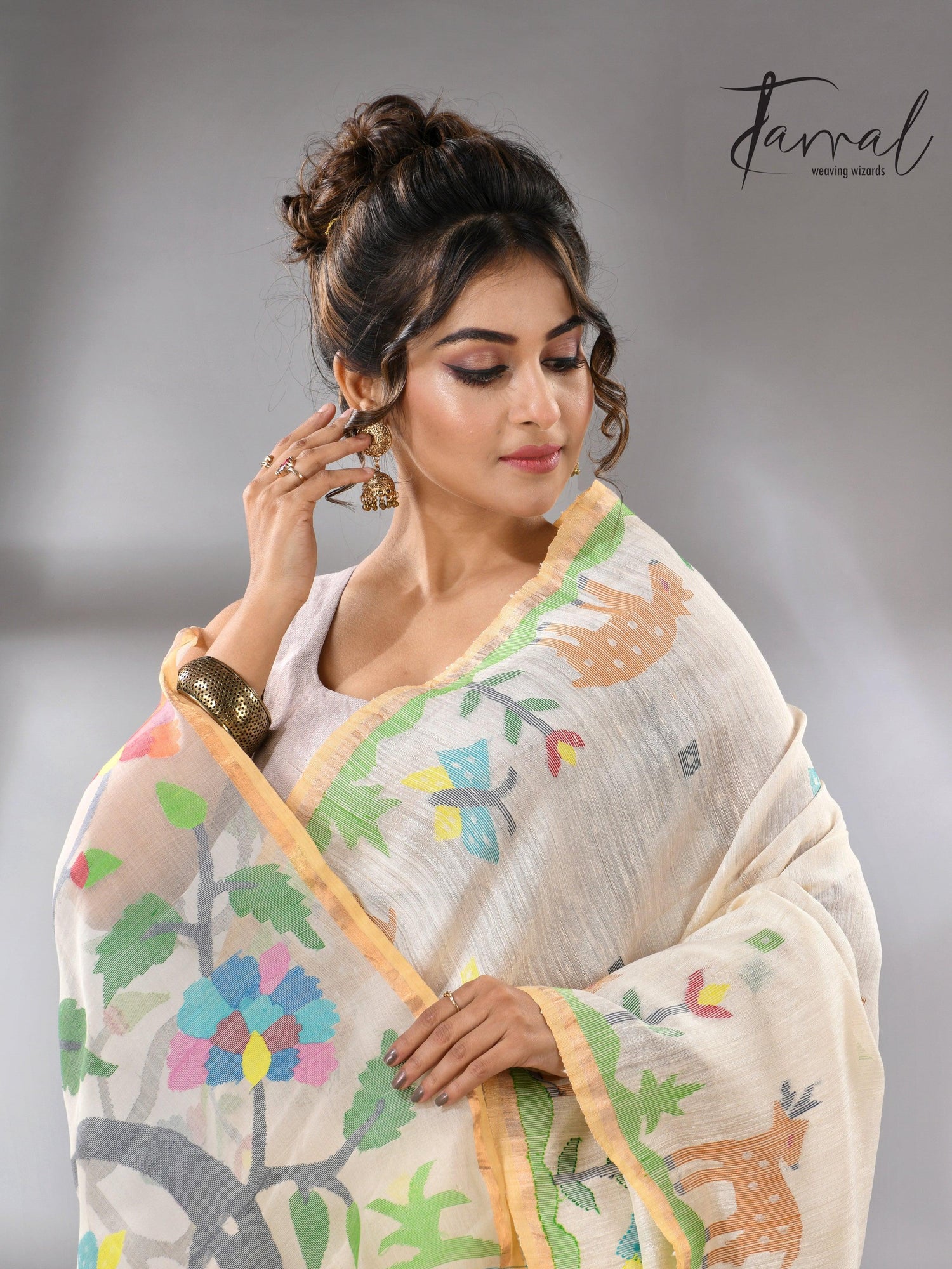 Offwhite story of our jungle book handwoven jamdani in pure matka silk - Tamal Boutique