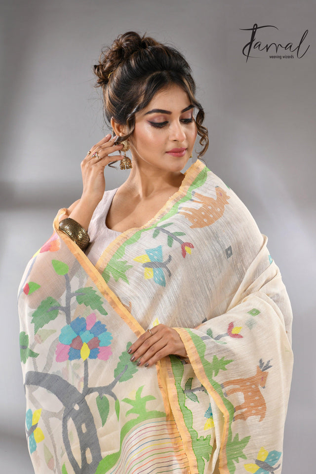 Offwhite story of our jungle book handwoven jamdani in pure matka silk - Tamal Boutique
