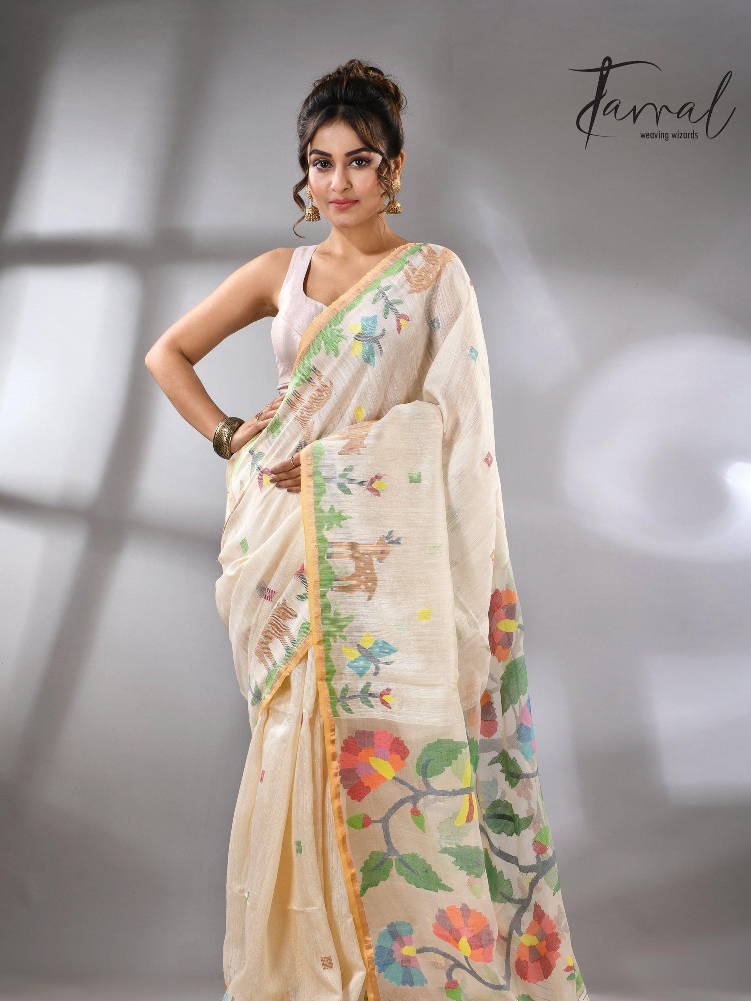 Offwhite story of our jungle book handwoven jamdani in pure matka silk - Tamal Boutique