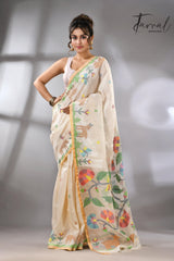 Offwhite story of our jungle book handwoven jamdani in pure matka silk - Tamal Boutique
