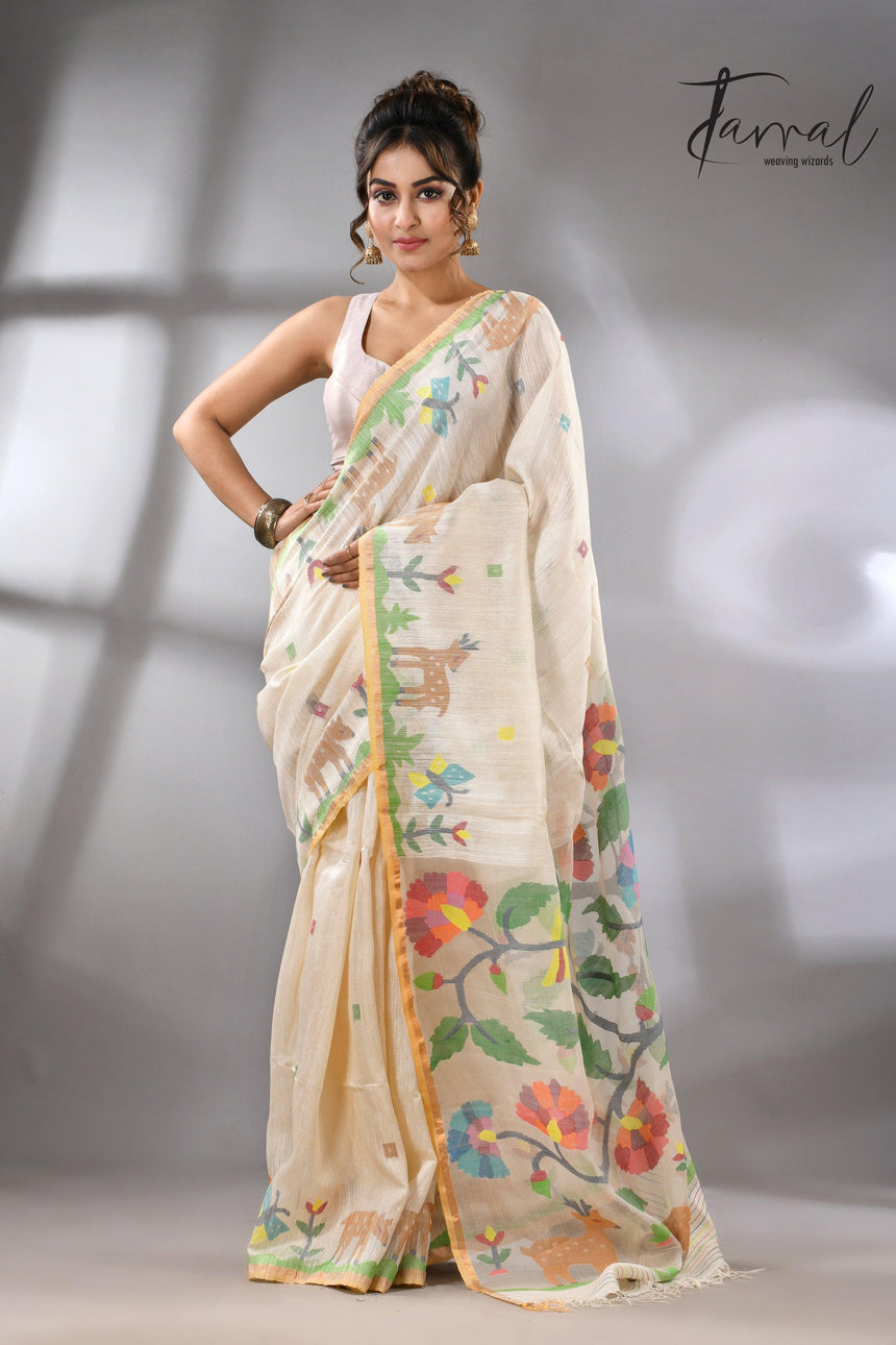 Offwhite story of our jungle book handwoven jamdani in pure matka silk - Tamal Boutique