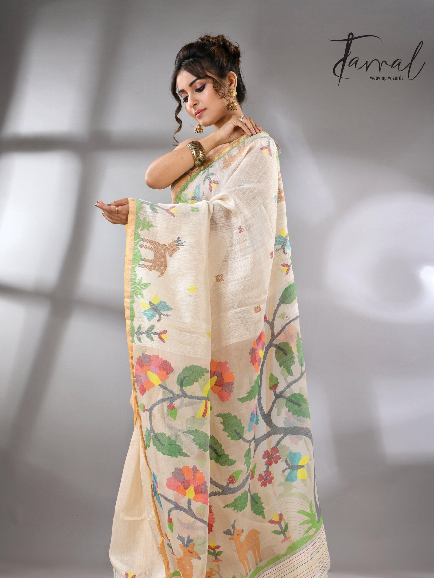 Offwhite story of our jungle book handwoven jamdani in pure matka silk - Tamal Boutique