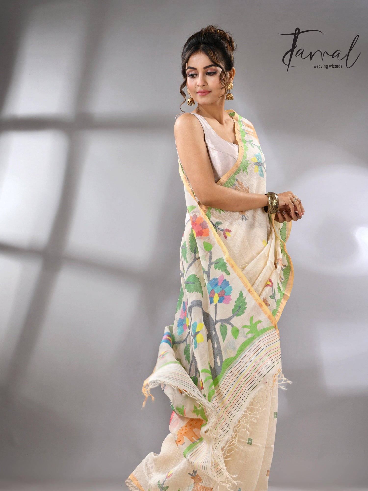 Offwhite story of our jungle book handwoven jamdani in pure matka silk - Tamal Boutique