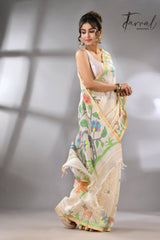 Offwhite story of our jungle book handwoven jamdani in pure matka silk - Tamal Boutique