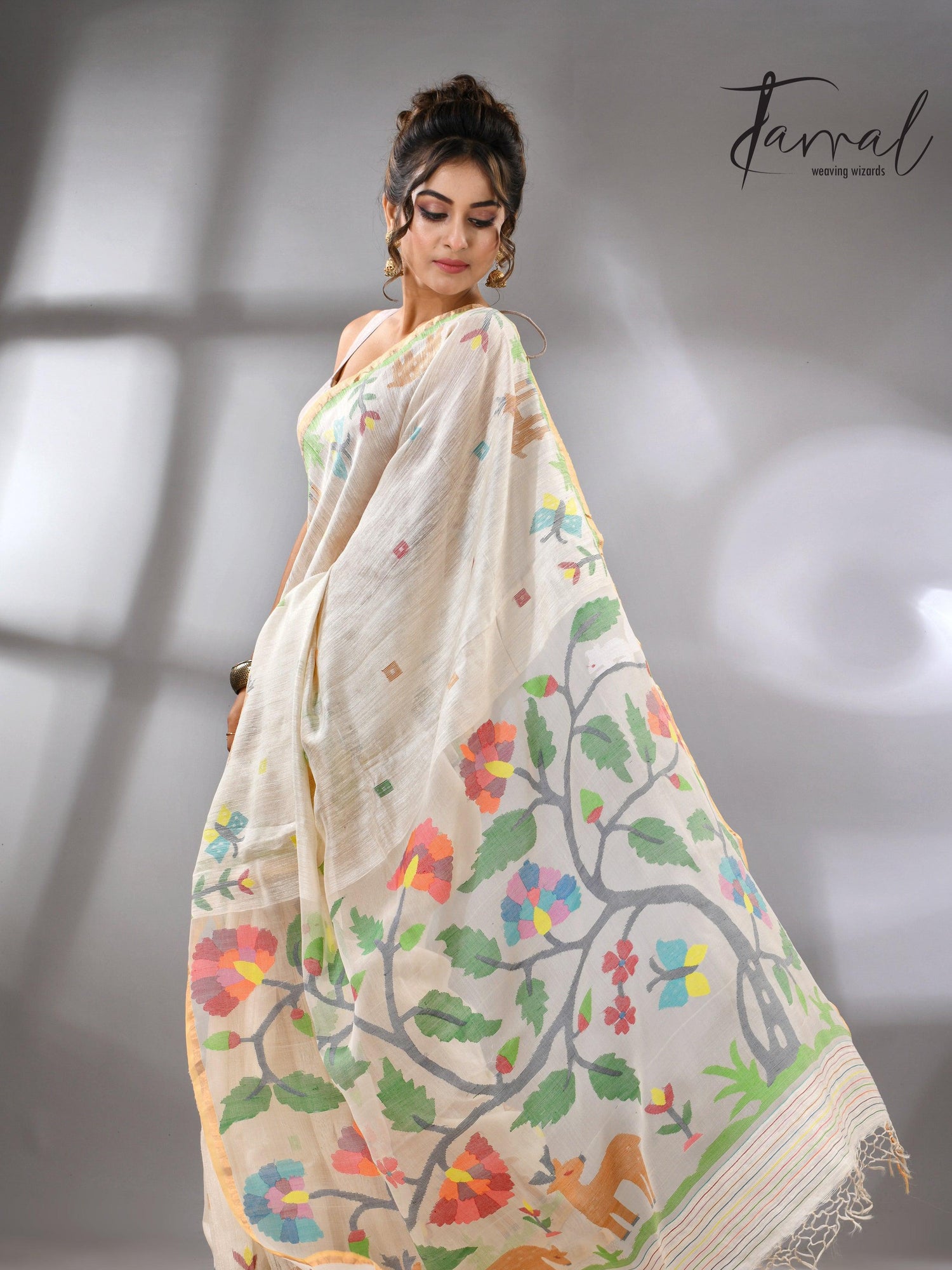 Offwhite story of our jungle book handwoven jamdani in pure matka silk - Tamal Boutique