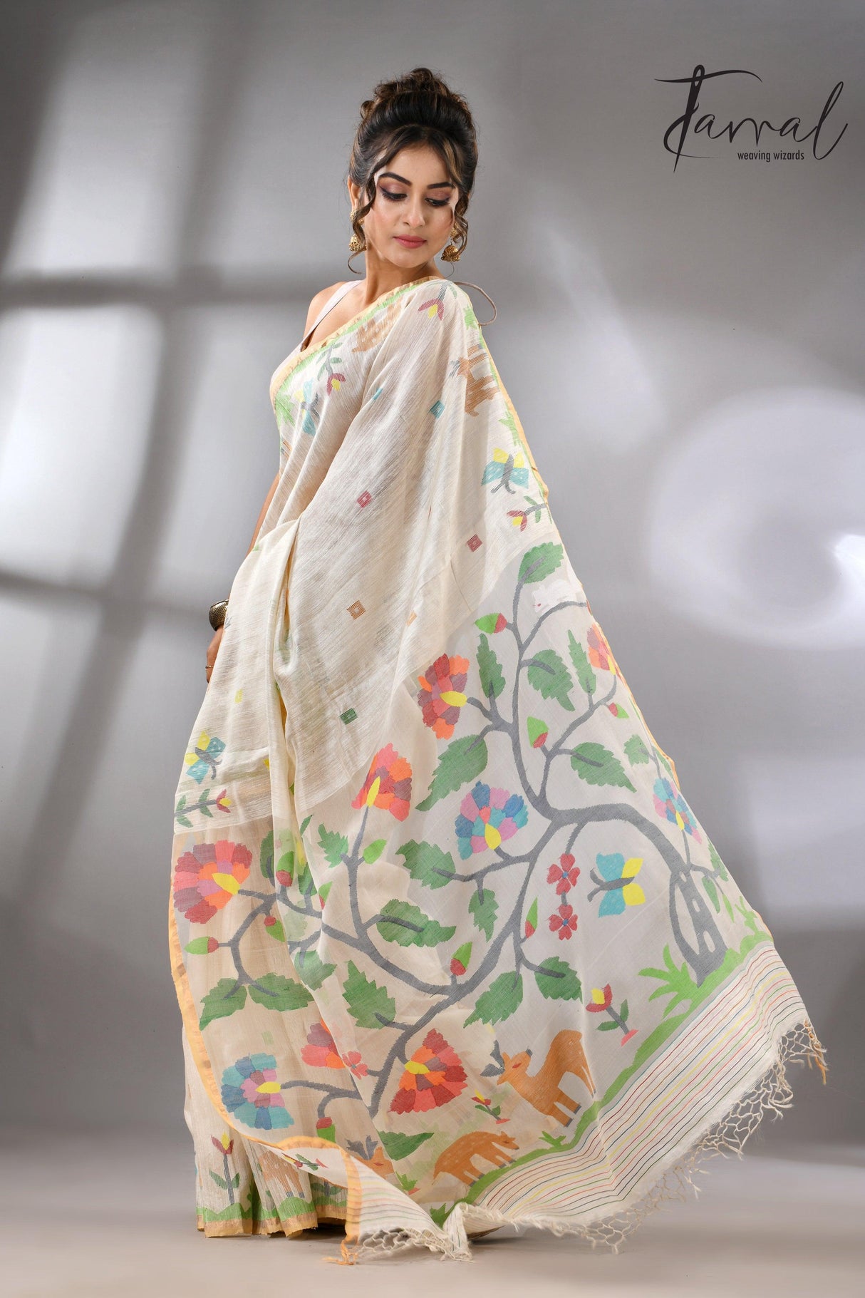 Offwhite story of our jungle book handwoven jamdani in pure matka silk - Tamal Boutique