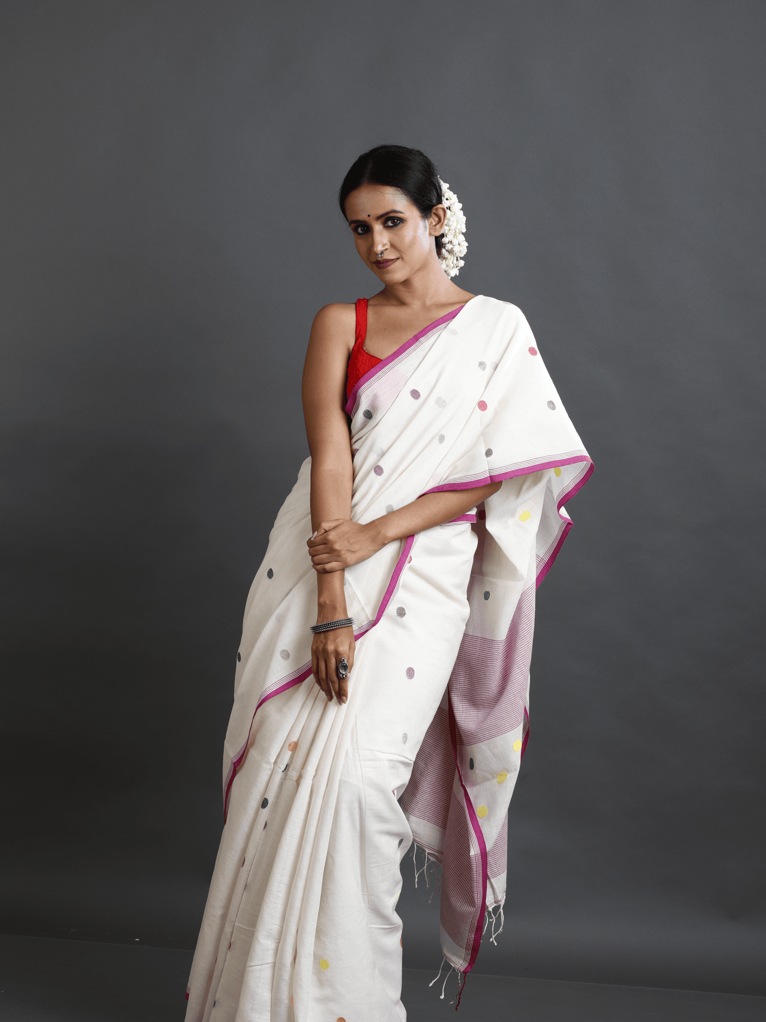 Offwhite with Pink border palka dot cotton handwoven jamdani saree - Tamal Boutique