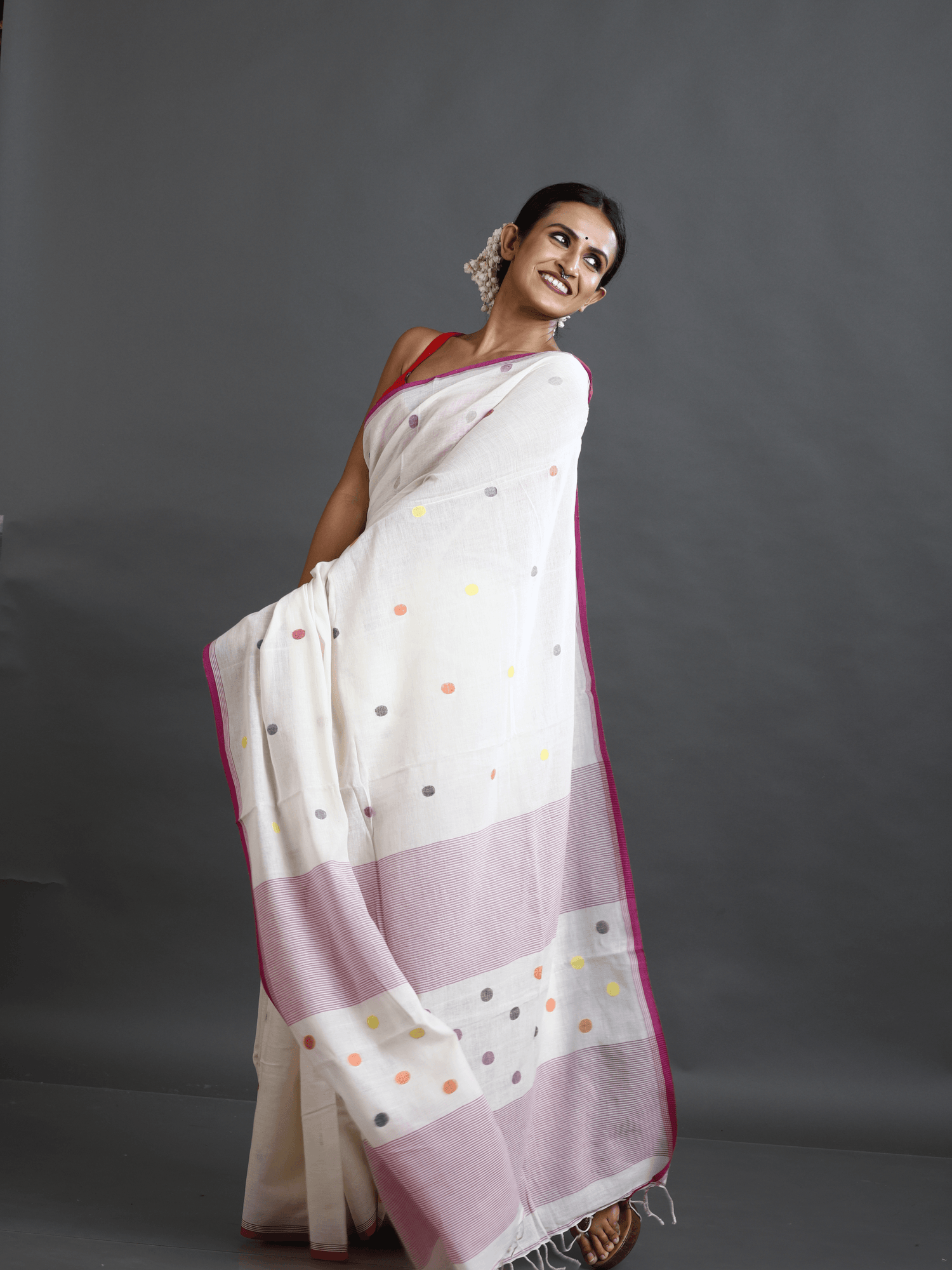 Offwhite with Pink border palka dot cotton handwoven jamdani saree - Tamal Boutique