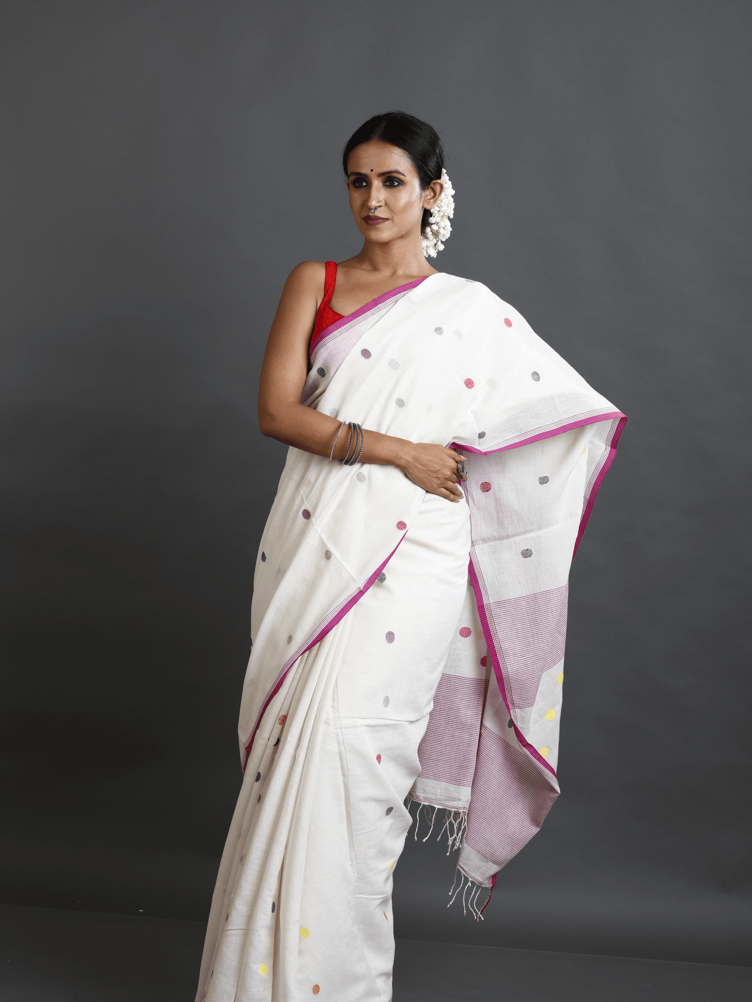 Offwhite with Pink border palka dot cotton handwoven jamdani saree - Tamal Boutique