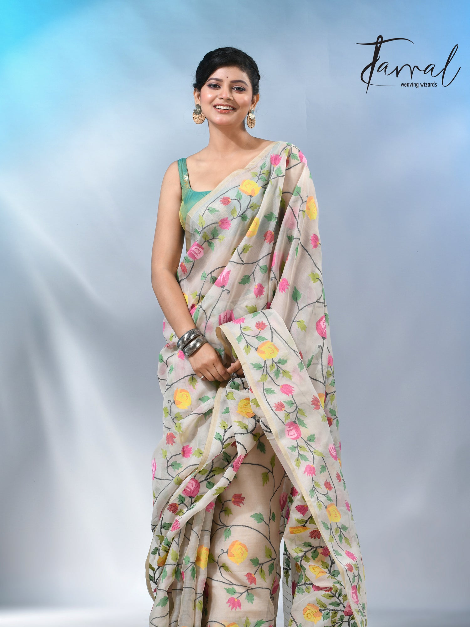 Offwhite with allover rose muslin silk handwoven jamdani saree
