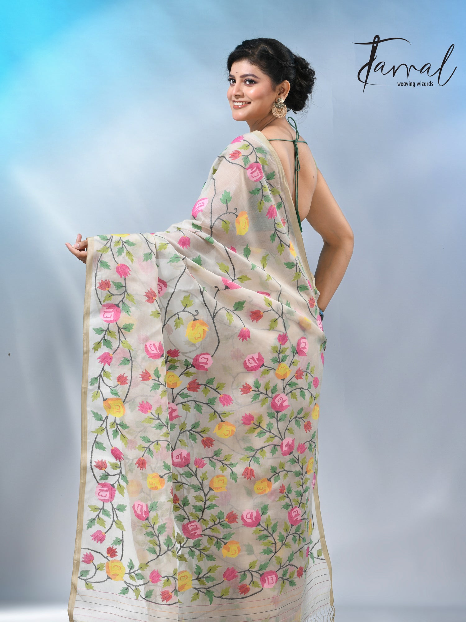 Offwhite with allover rose muslin silk handwoven jamdani saree