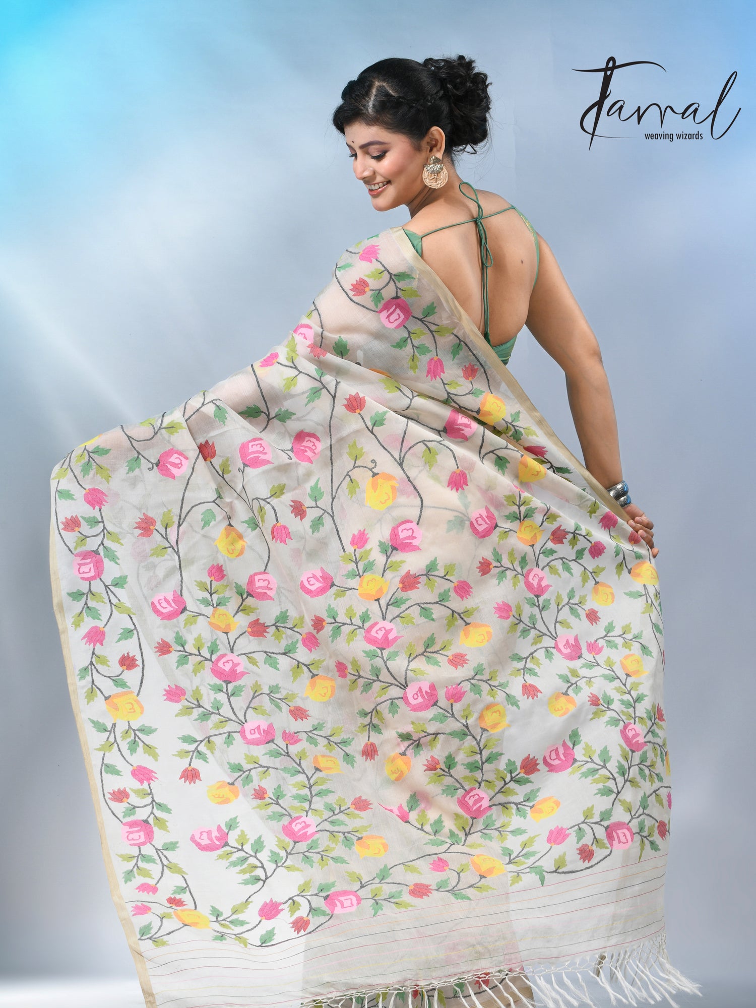 Offwhite with allover rose muslin silk handwoven jamdani saree