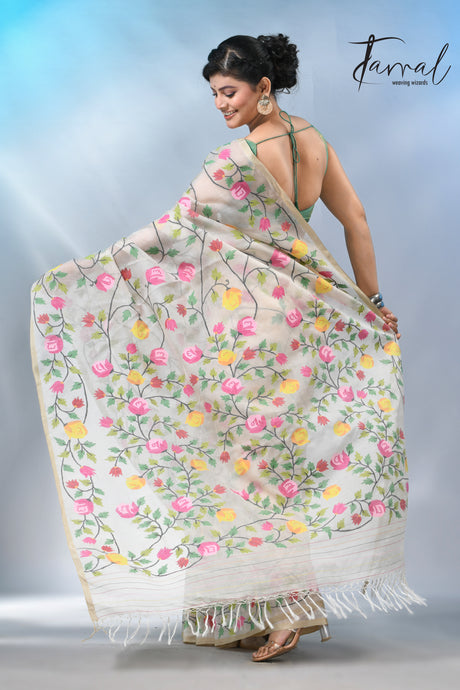 Offwhite with allover rose muslin silk handwoven jamdani saree