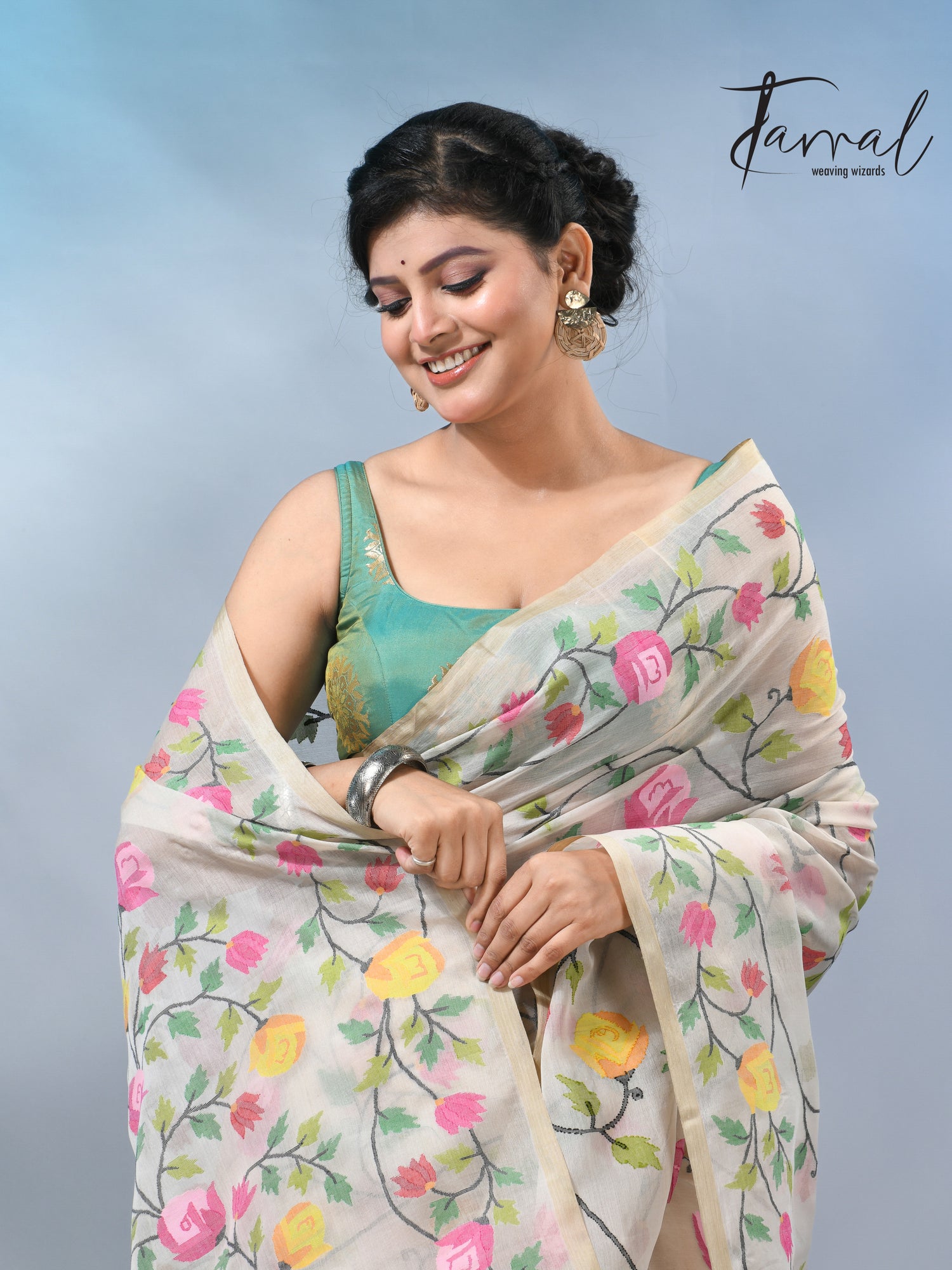 Offwhite with allover rose muslin silk handwoven jamdani saree