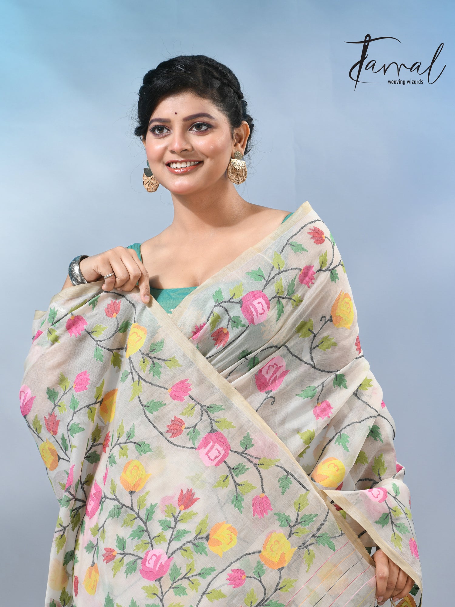 Offwhite with allover rose muslin silk handwoven jamdani saree