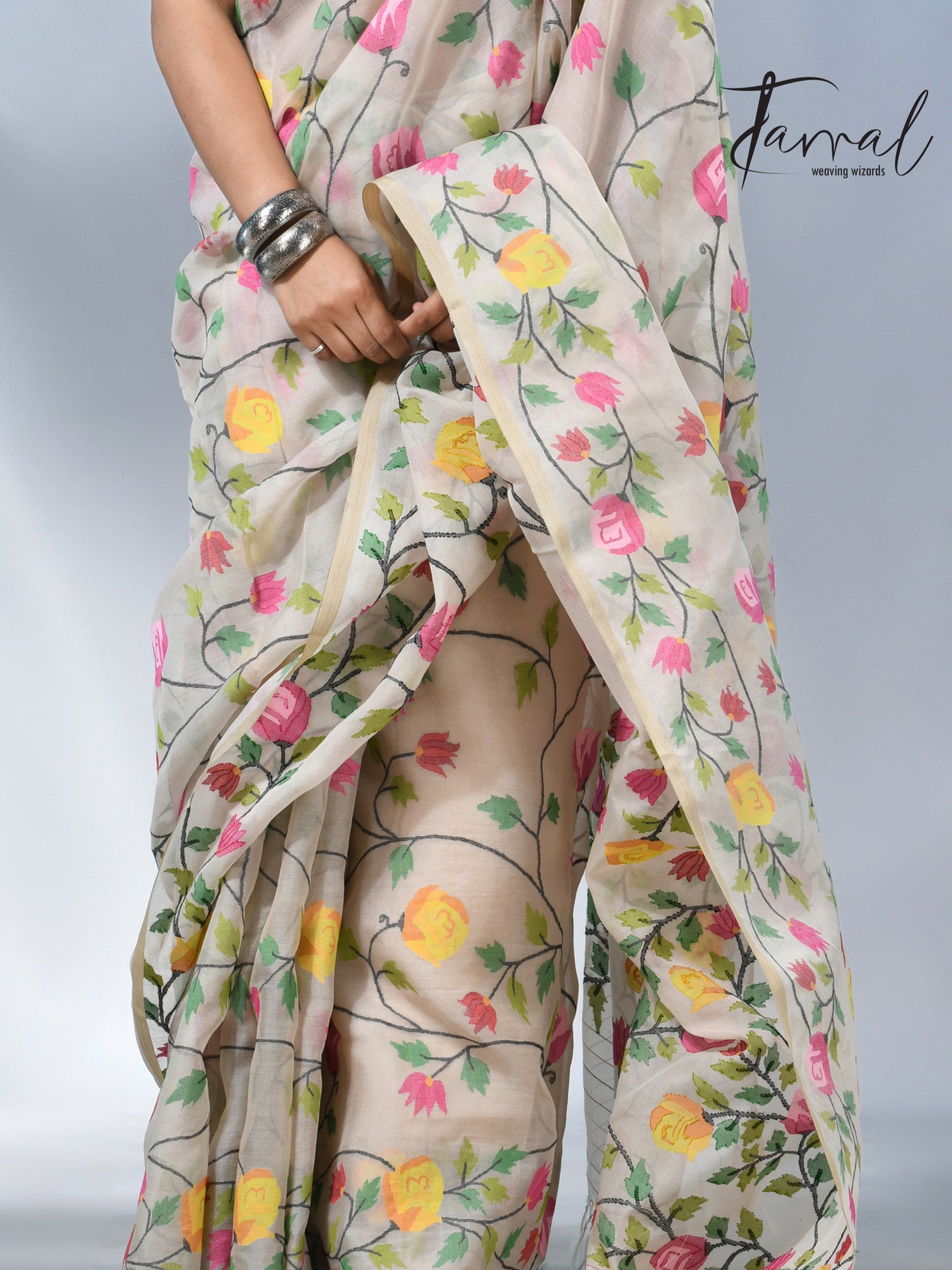 Offwhite with allover rose muslin silk handwoven jamdani saree