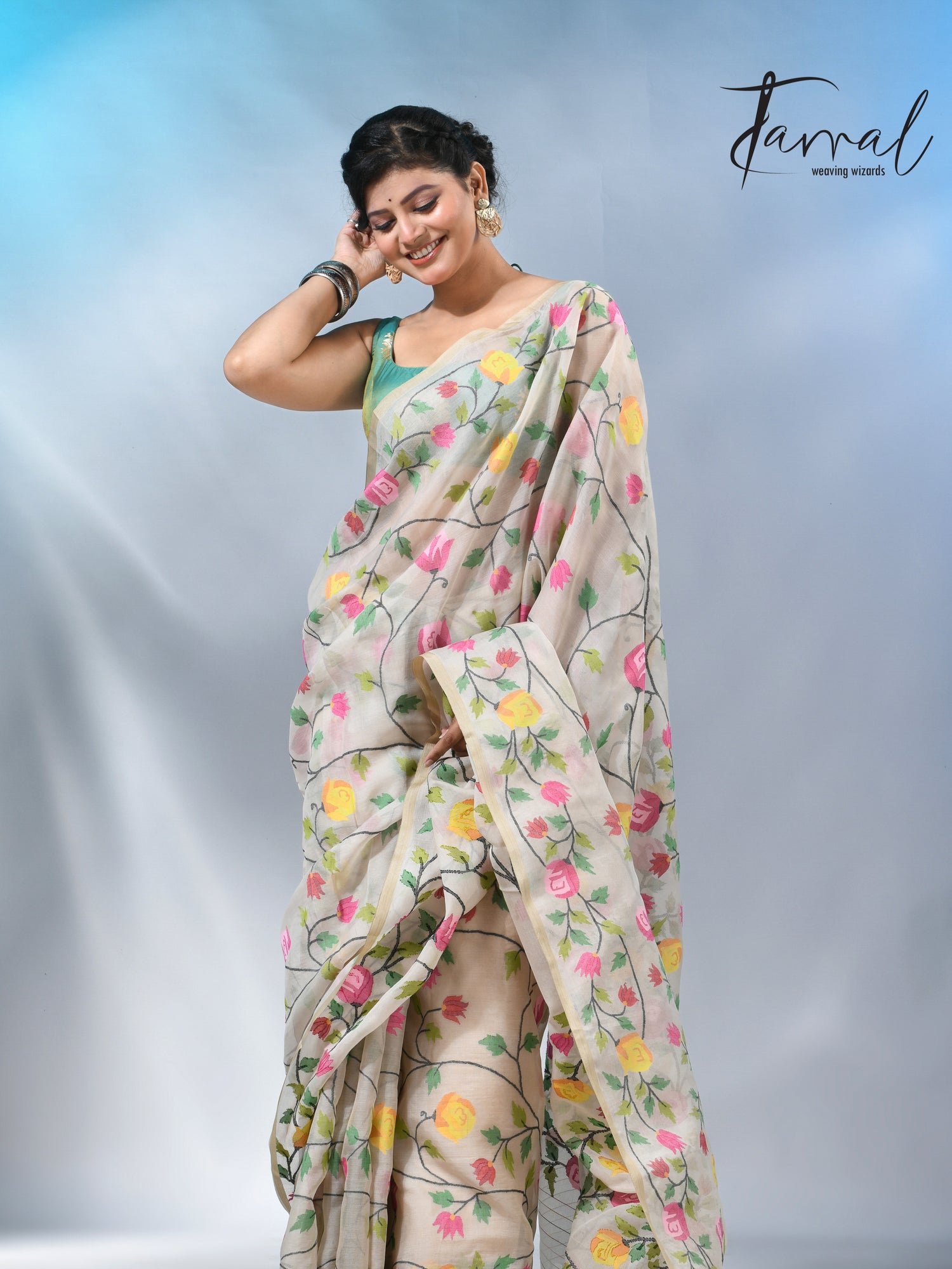 Offwhite with allover rose muslin silk handwoven jamdani saree