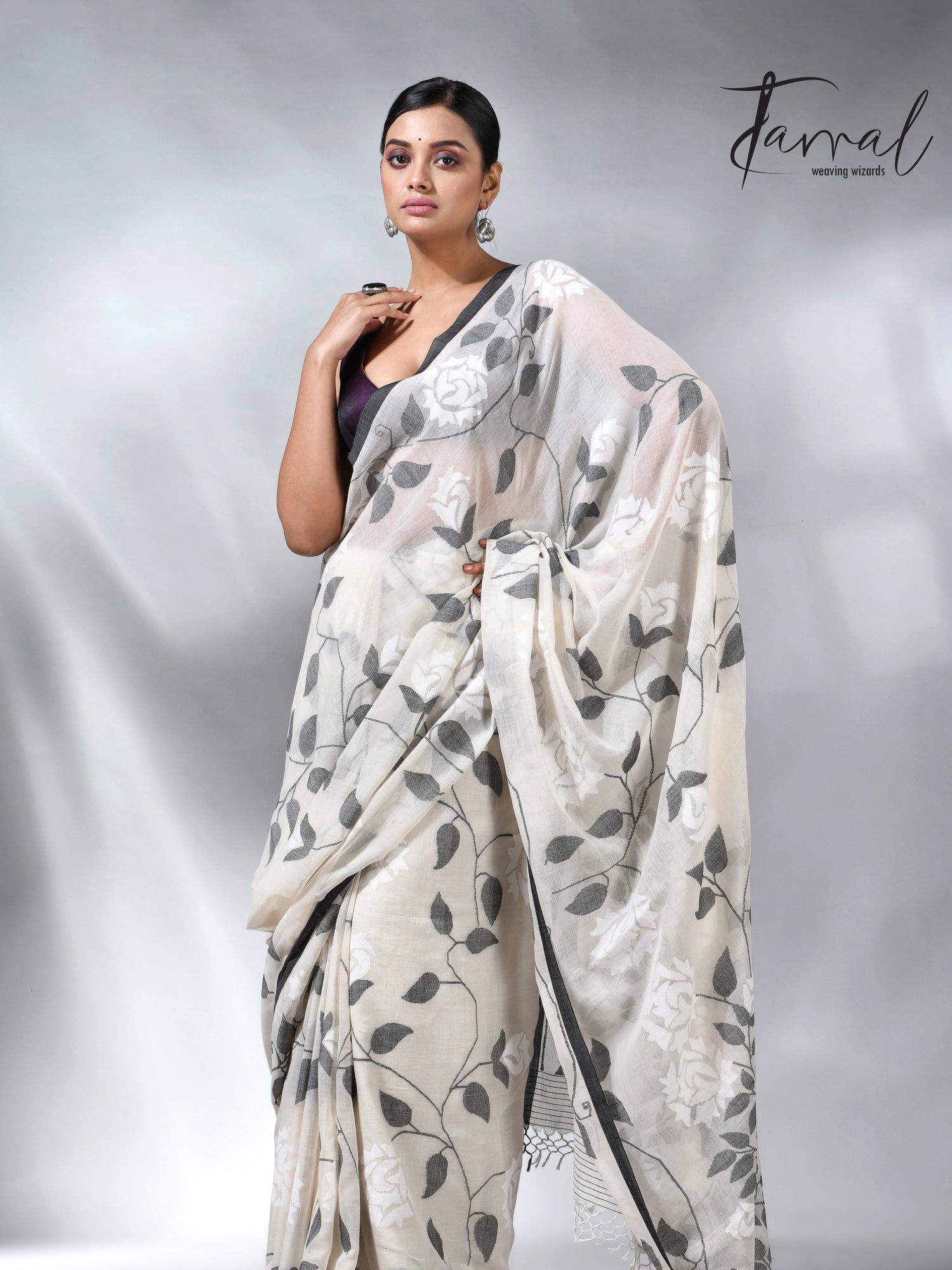Offwhite with black allover cotton muslin handwoven jamdani saree