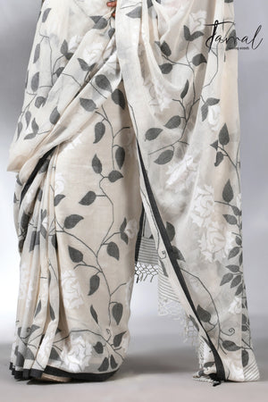 Offwhite with black allover cotton muslin handwoven jamdani saree