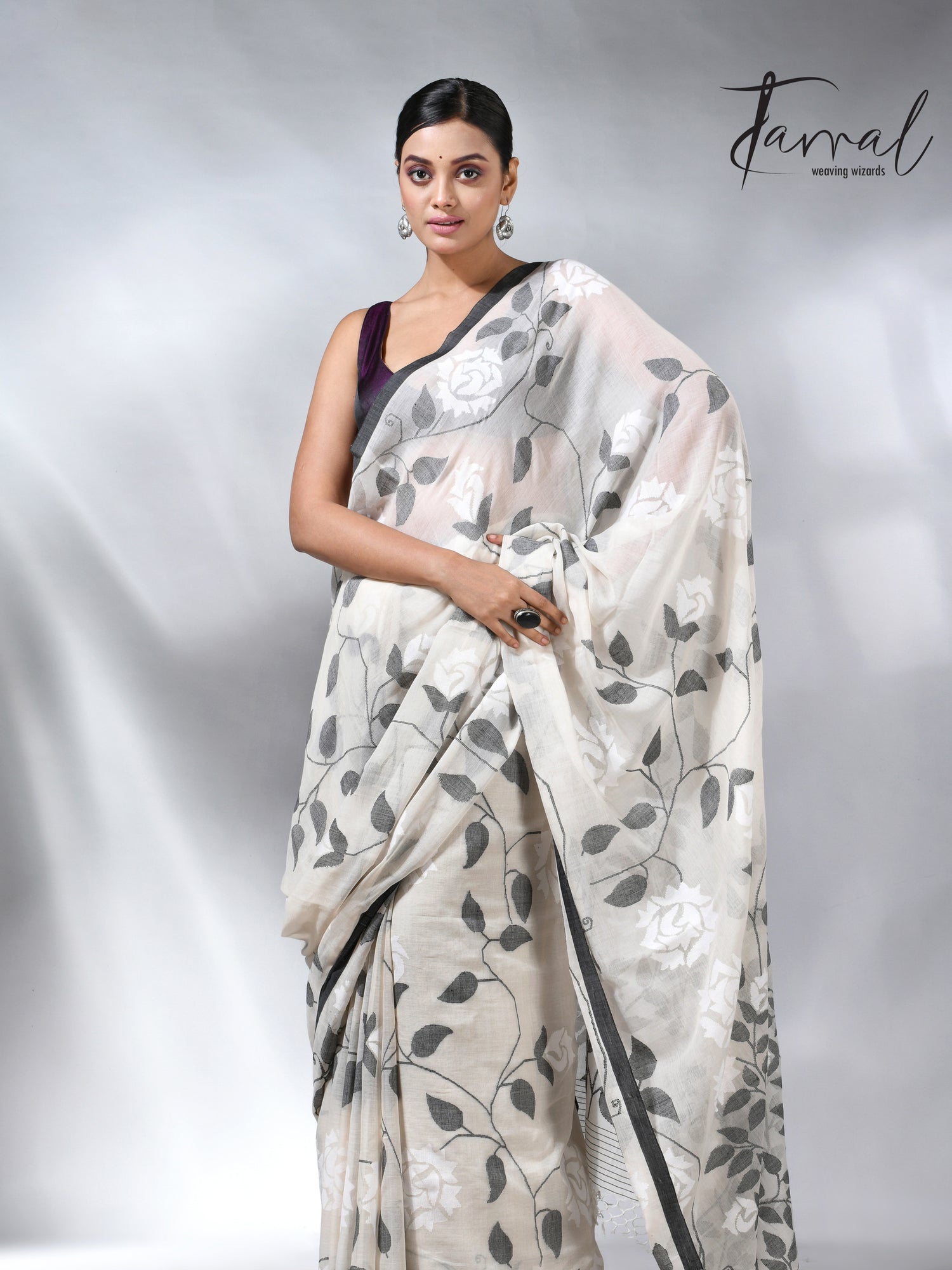 Offwhite with black allover cotton muslin handwoven jamdani saree