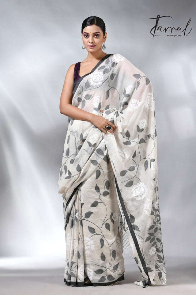 Offwhite with black allover cotton muslin handwoven jamdani saree