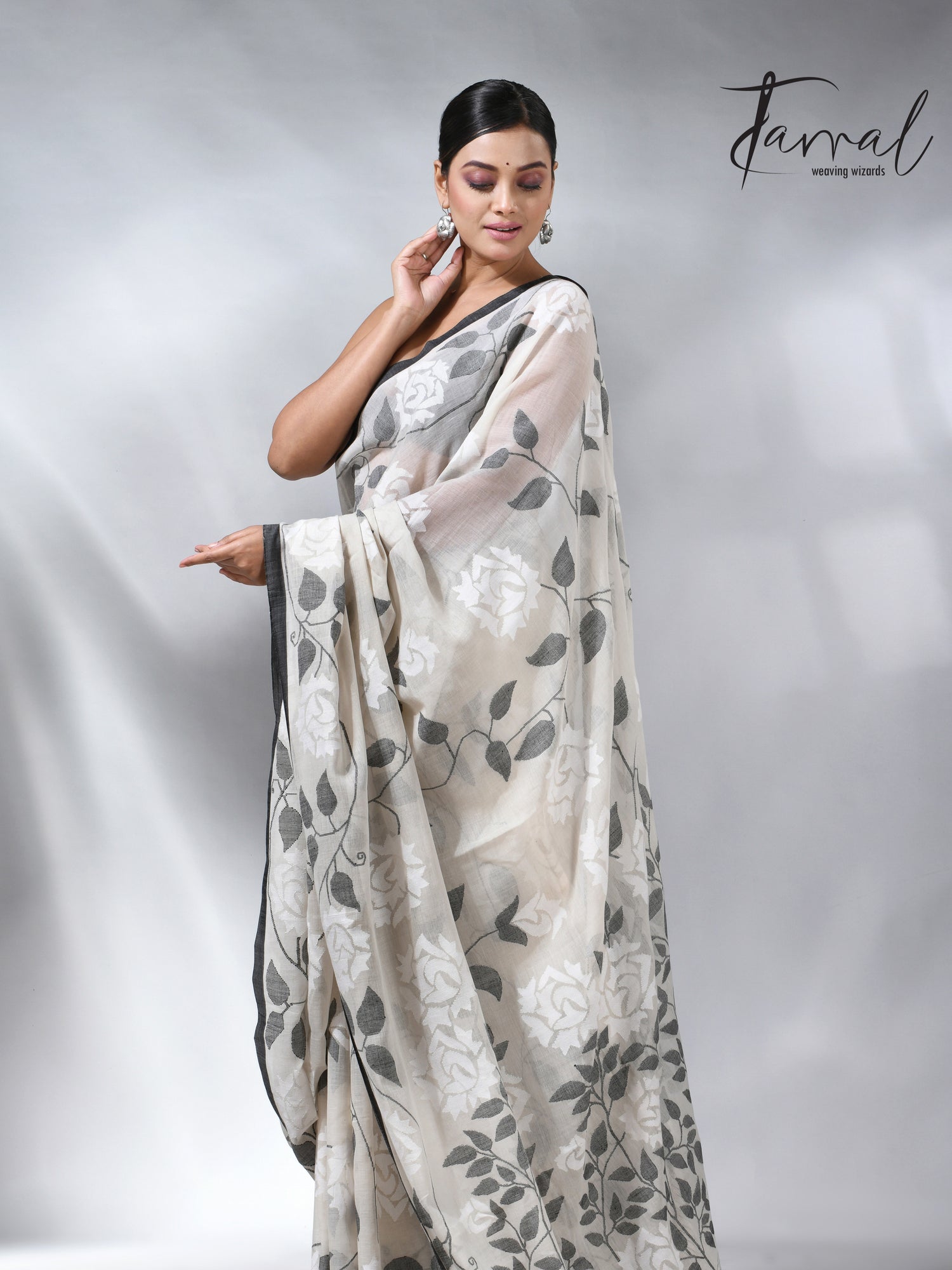 Offwhite with black allover cotton muslin handwoven jamdani saree
