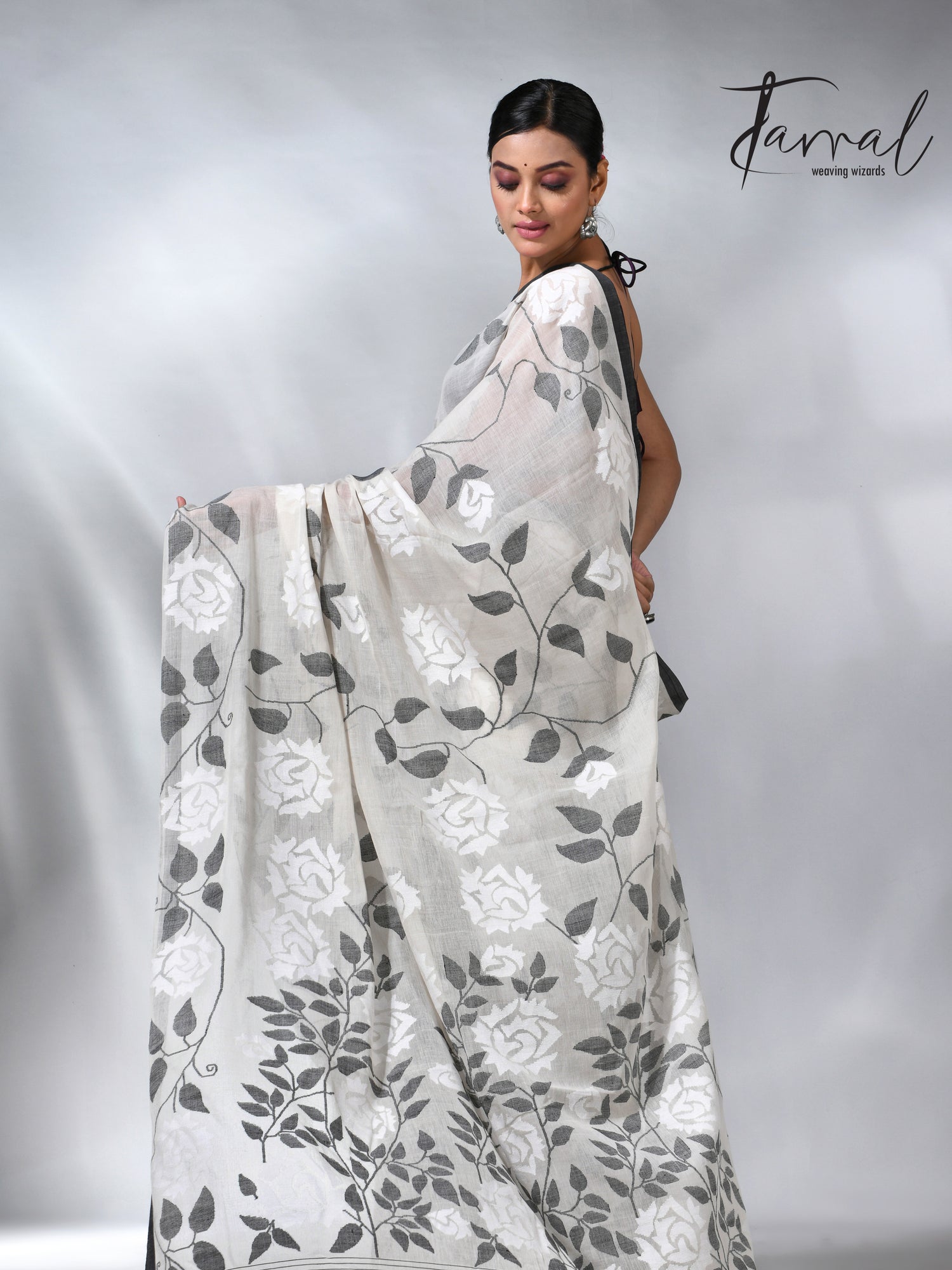 Offwhite with black allover cotton muslin handwoven jamdani saree