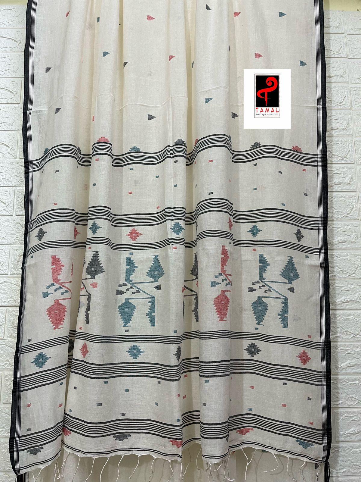Offwhite with black border pure cotton handwoven jamdani saree
