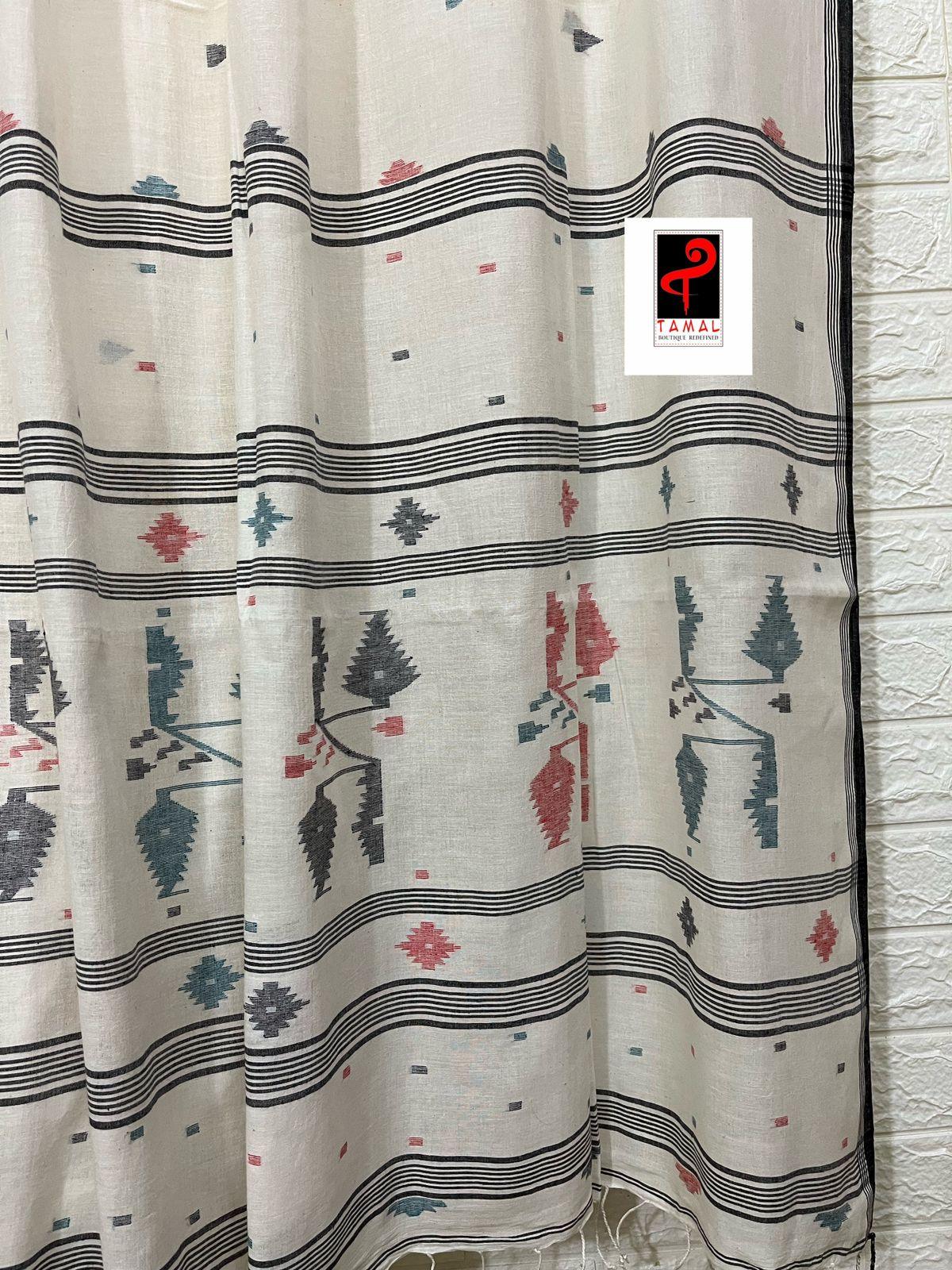 Offwhite with black border pure cotton handwoven jamdani saree