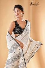 Offwhite with black border pure cotton handwoven jamdani saree