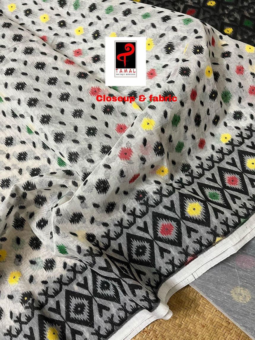 Offwhite with black & multi colour handloom soft dhakai jamdani saree - Tamal Boutique